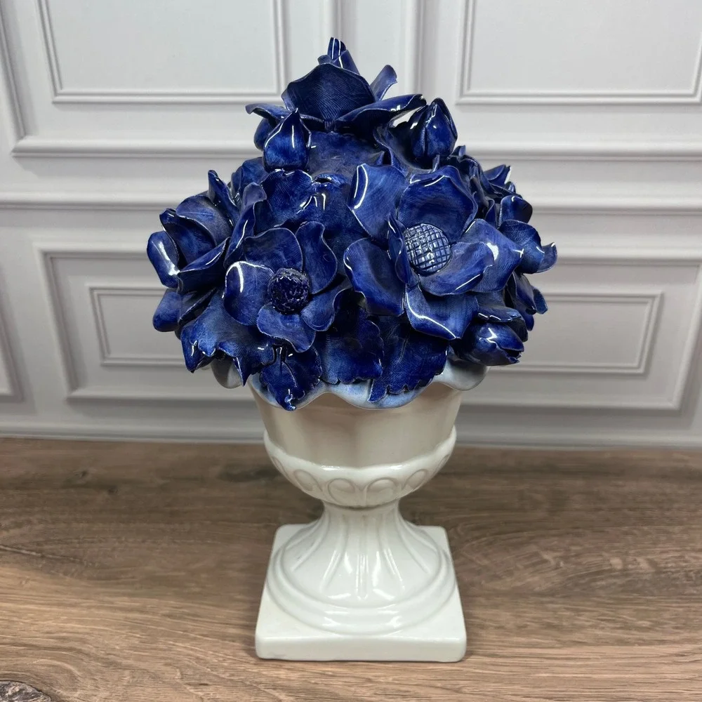 Italian Ceramic Floral Centerpiece Urn Blue White Roses Anemones Hand-Painted